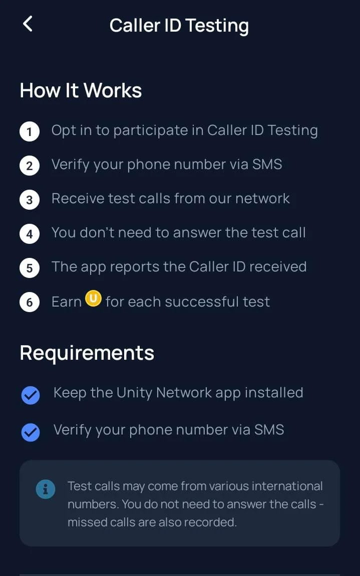 Écran Unetwork expliquant les étapes du test d’identification de l’appelant