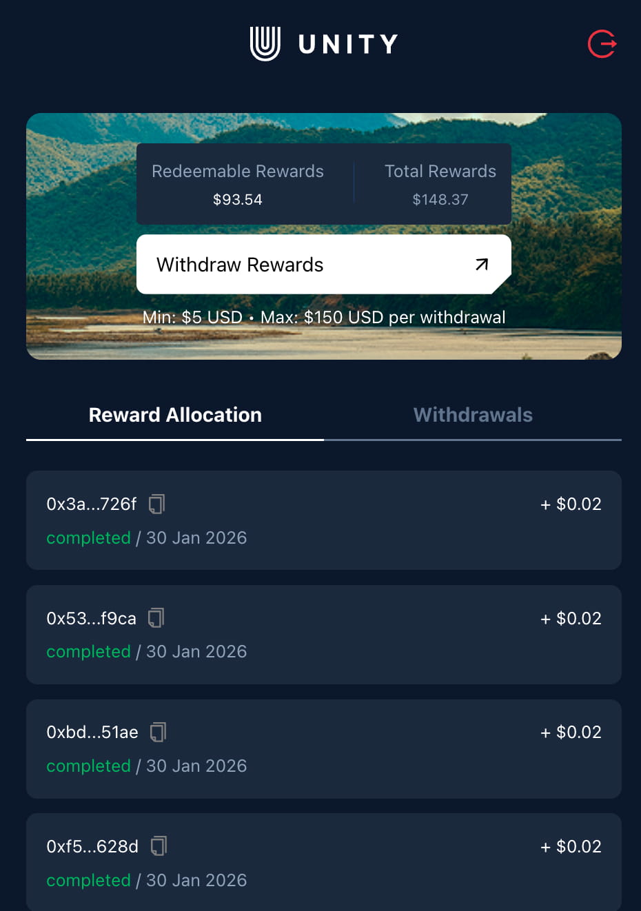 Tableau de bord Unetwork affichant les récompenses disponibles et l’historique des retraits